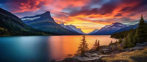 majestätisk solnedgång i glaciär nationell parkera, montana, usa. ai genererad foto