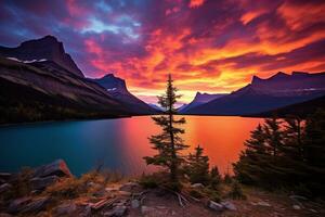 majestätisk solnedgång i glaciär nationell parkera, montana, usa. ai genererad foto