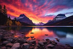 majestätisk solnedgång i glaciär nationell parkera, montana, usa. ai genererad foto