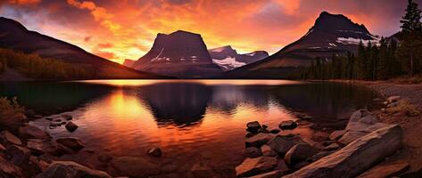 majestätisk solnedgång i glaciär nationell parkera, montana, usa. ai genererad foto