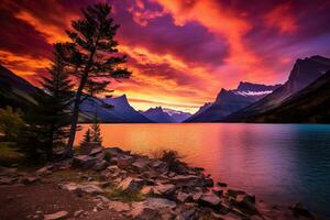 solnedgång över glaciär nationell parkera, montana, förenad stater av Amerika ai genererad foto