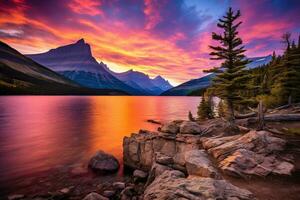 solnedgång över glaciär nationell parkera, montana, förenad stater av Amerika ai genererad foto