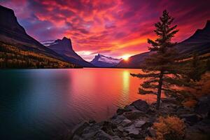 majestätisk solnedgång i glaciär nationell parkera, montana, usa. ai genererad foto