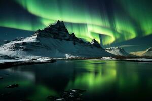 aurora borealis i island med snö täckt bergen och reflexion ai genererad foto