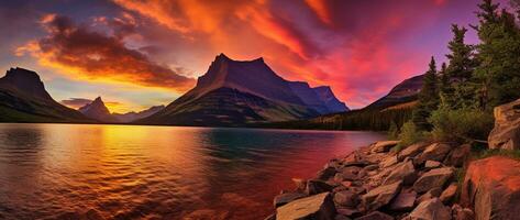 majestätisk solnedgång i glaciär nationell parkera, montana, usa. ai genererad foto