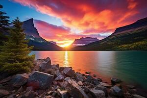 solnedgång över glaciär nationell parkera, montana, förenad stater av Amerika ai genererad foto