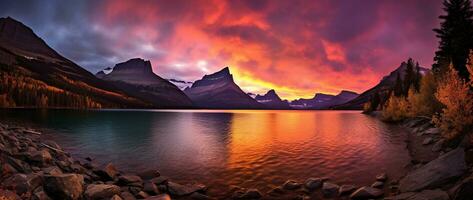 majestätisk solnedgång i glaciär nationell parkera, montana, usa. ai genererad foto