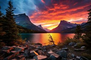 solnedgång över glaciär nationell parkera, montana, förenad stater av Amerika ai genererad foto