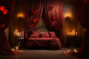 romantisk rum interiör med rosa gardiner och röd hjärtan. hjärtans dag begrepp. ai genererad foto
