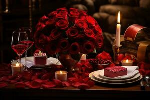 romantisk tabell miljö med röd rosor, ljus och glasögon av vin.valentin begrepp ai genererad foto