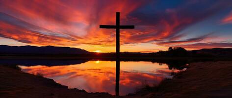 begrepp eller konceptuell trä korsa eller religion symbol form över en solnedgång himmel bakgrund baner ai genererad foto