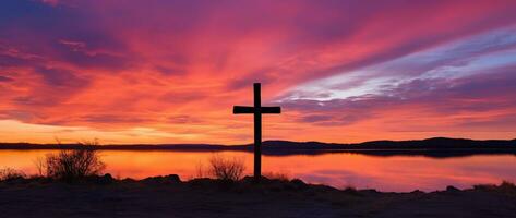 begrepp eller konceptuell trä korsa eller religion symbol form över en solnedgång himmel bakgrund baner ai genererad foto