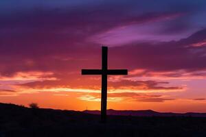 begrepp eller konceptuell trä korsa eller religion symbol form över en solnedgång himmel bakgrund baner ai genererad foto