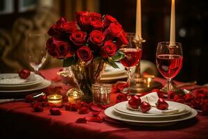romantisk tabell miljö med röd rosor, ljus och glasögon av vin.valentin begrepp ai genererad foto