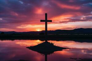 begrepp eller konceptuell trä korsa eller religion symbol form över en solnedgång himmel bakgrund baner ai genererad foto