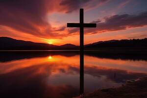 begrepp eller konceptuell trä korsa eller religion symbol form över en solnedgång himmel bakgrund baner ai genererad foto