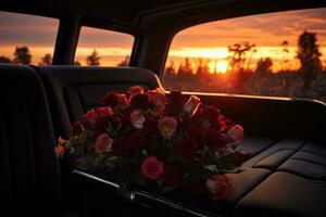 skön blommor i en bil på solnedgång. begrepp av begravning. ai genererad foto