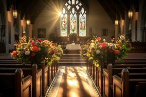 interiör av en kyrka med en massa av blommor i de förgrund.begravning begrepp ai genererad foto