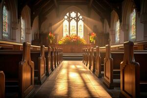 interiör av en kyrka med en massa av blommor i de förgrund.begravning begrepp ai genererad foto