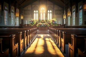 interiör av en kyrka med en massa av blommor i de förgrund.begravning begrepp ai genererad foto