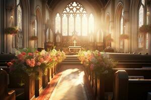 interiör av en kyrka med en massa av blommor i de förgrund.begravning begrepp ai genererad foto