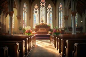 interiör av en kyrka med en massa av blommor i de förgrund.begravning begrepp ai genererad foto