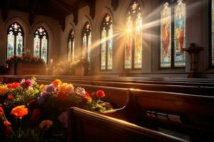 interiör av en kyrka med en massa av blommor i de förgrund.begravning begrepp ai genererad foto