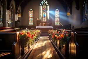 interiör av en kyrka med en massa av blommor i de förgrund.begravning begrepp ai genererad foto