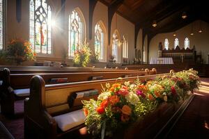 interiör av en kyrka med en massa av blommor i de förgrund.begravning begrepp ai genererad foto