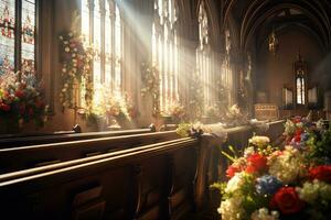 interiör av en kyrka med en massa av blommor i de förgrund.begravning begrepp ai genererad foto