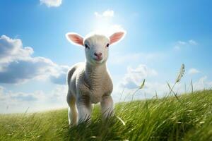 söt lamm på grön gräs under blå himmel med vit moln. ai genererad foto