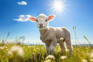 söt lamm på grön gräs under blå himmel med vit moln. ai genererad foto