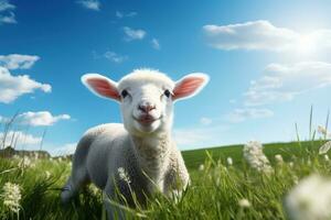 söt lamm på grön gräs under blå himmel med vit moln. ai genererad foto