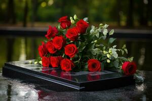 röd ro på svart granit gravsten i de parkera, begravning begrepp ai genererad foto