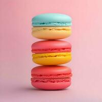 macarons staplade på topp av varje Övrig minimalism ljus färger på rosa bakgrund. hög upplösning. ai generativ foto