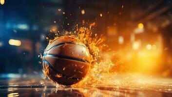 basketboll boll med stänk av vatten. ai genererad. foto