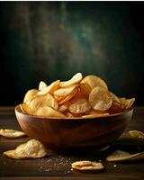 potatis pommes frites faller in i en skål genererad med ai foto