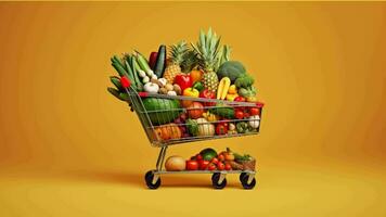 en handla vagn full av färsk frukt och grönsaker genererad med ai foto