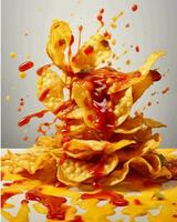 en lugg av nachos med pommes frites faller in i de luft genererad med ai foto