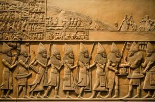 gammal assyrisk lättnad skulptur av gammal krigare. generera ai foto