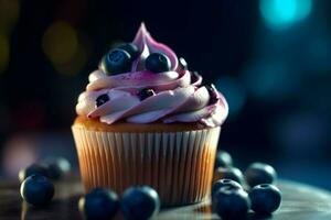 närbild Foto av muffin dekorerad med blåbär. generera ai