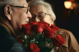 senior man överraskningar fru med blommor. generera ai foto