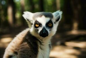 närbild Foto av lemur djur- i vild skog. generera ai