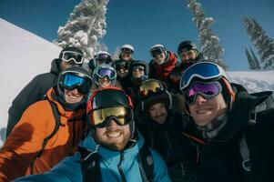selfie av människor bär åka skidor Utrustning. generera ai foto