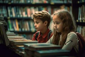 barn innehav böcker i bokhandel. generera ai foto