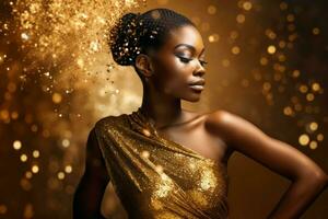 afrikansk amerikan kvinna guld gnistrande fest. generera ai foto