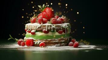 födelsedag kaka med grädde och färsk bär på en mörk bakgrund - ai genererad foto