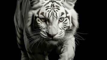 vit tiger i främre av en svart bakgrund. svart och vit Foto. ai genererad foto