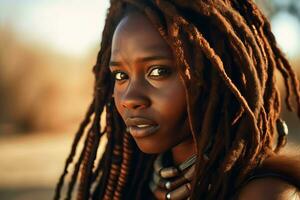 söt afrikansk kvinna stam med dreadlocks. generera ai foto