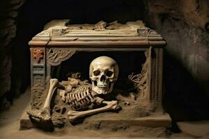 gammal grav grotta med skelett ben. generera ai foto
